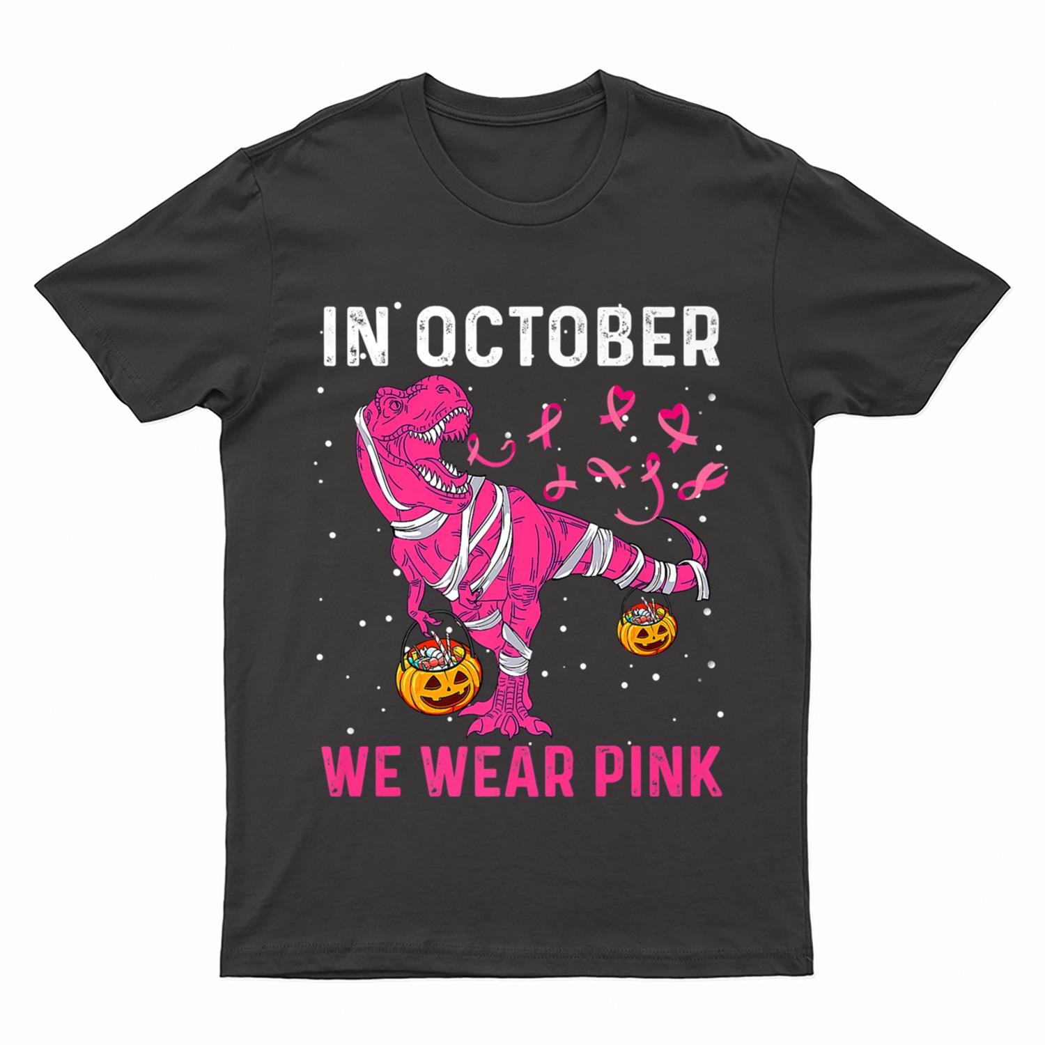 In October We Wear Pink Breast Cancer Dino Pumpkin Halloween Premium T-Shirt