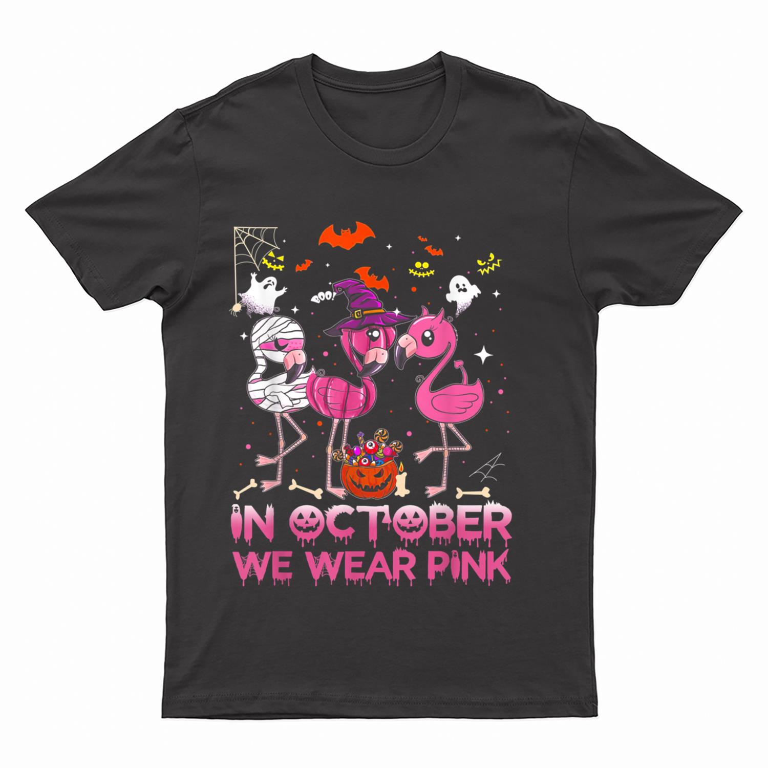 In October We Wear Pink Flamingo Halloween Breast Cancer T-Shirt
