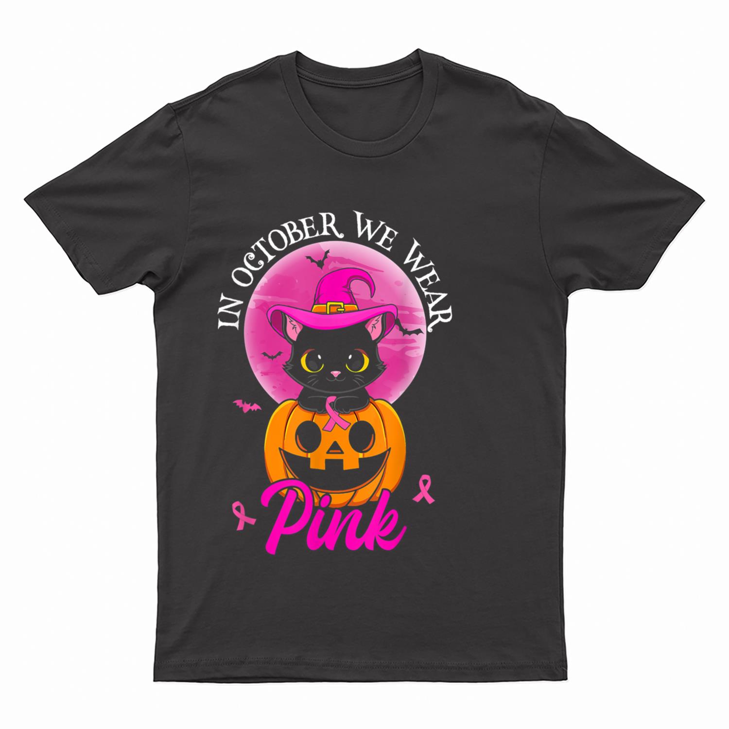 In October We Wear Pink Witch Cat Halloween Breast Cancer T-Shirt