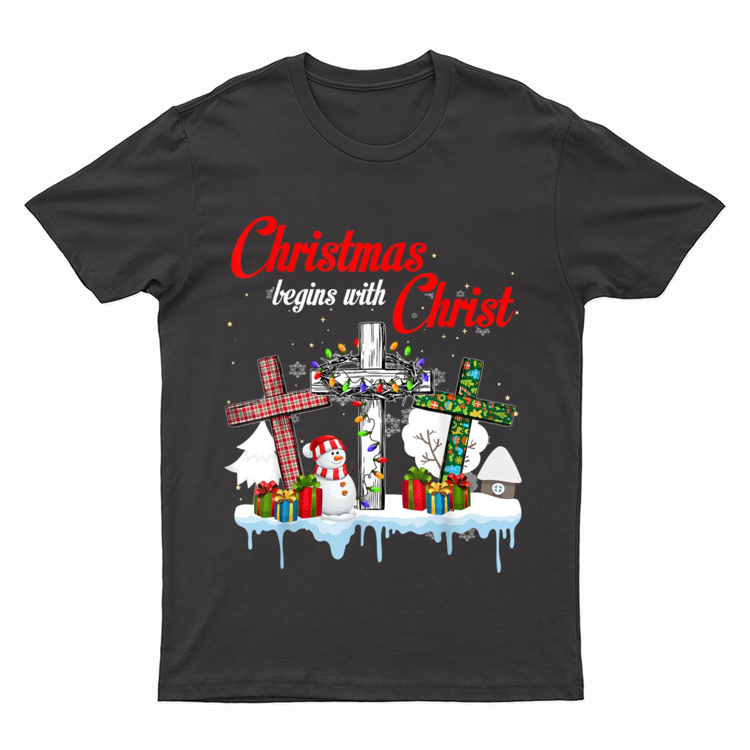 Jesus Christmas Begins With Christ Snowman Christian Cross T-Shirt