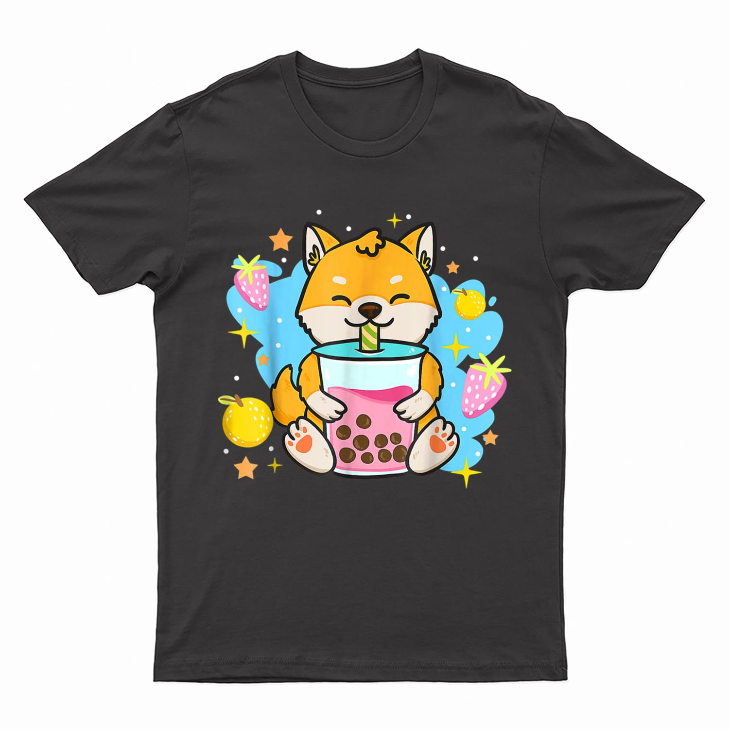 Kawaii Anime Shiba Inu Dog Drinking Boba Bubble Tea T-Shirt