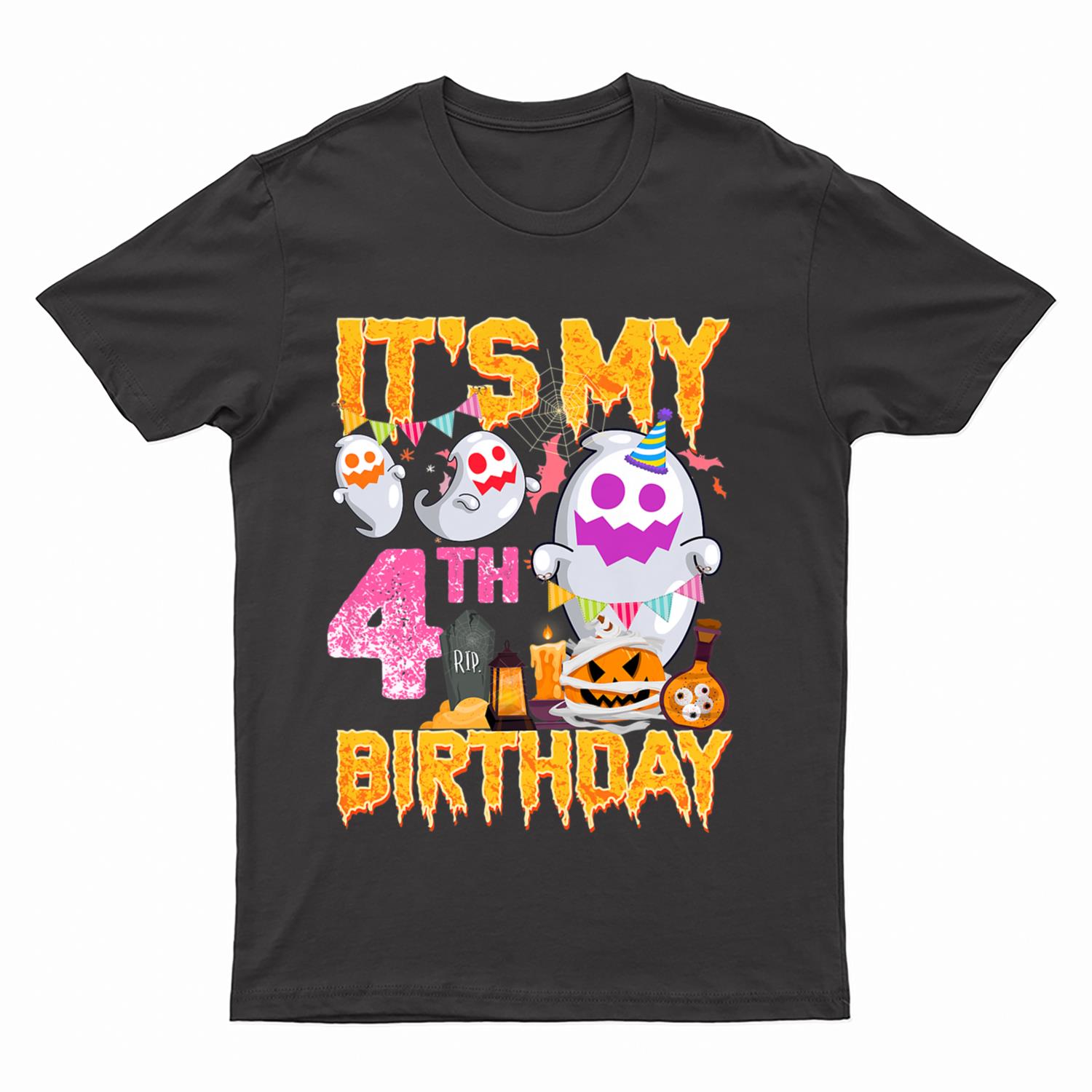 Kids 4 Year Old Gift 4th Birthday Ghost Pumpkin Halloween Costume T-Shirt
