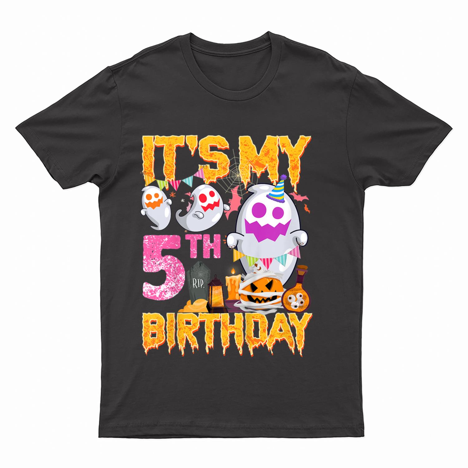 Kids 5 Year Old Gift 5th Birthday Ghost Pumpkin Halloween Costume T-Shirt