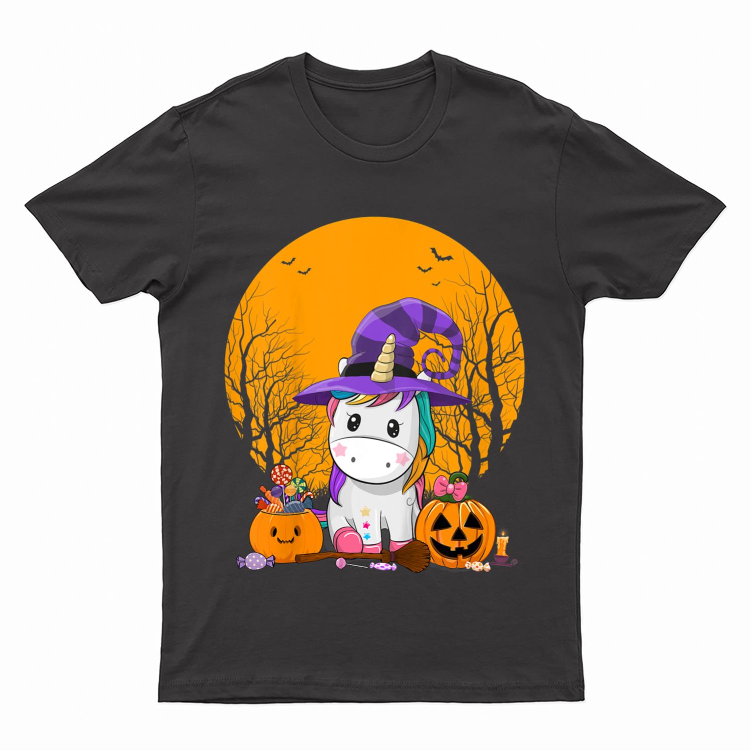 Kids Cute Halloween Kid Girls Unicorn Witch Hat Candy Pumpkin T-Shirt