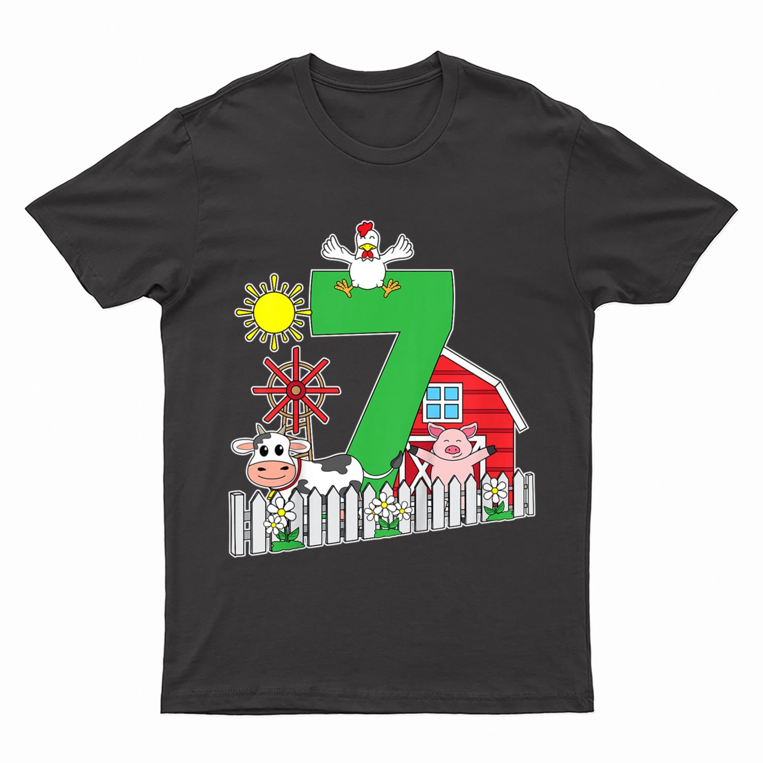 Kids Seventh 7th Birthday Farm Animal Lover Cow Pig Horse Farmer T-Shirt