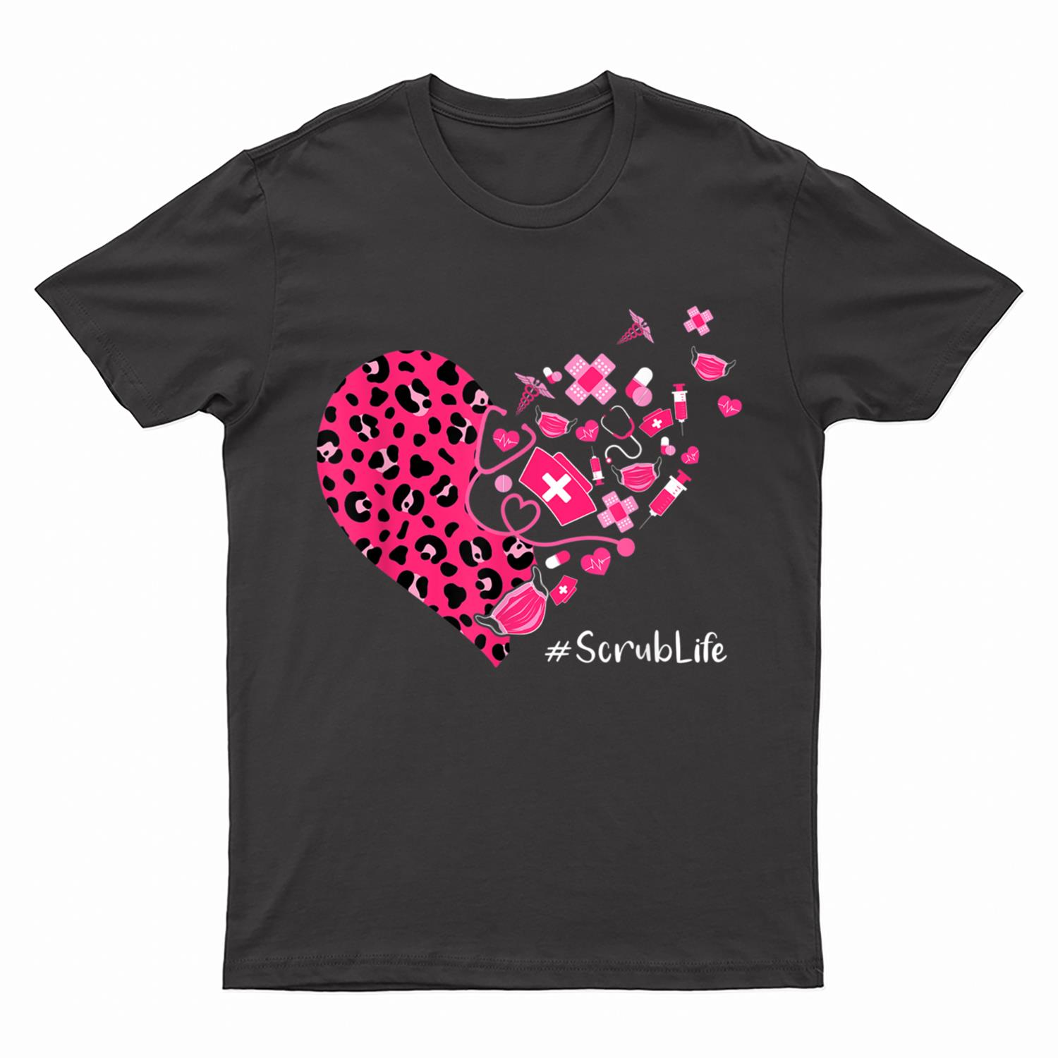 Leopard Heart Stethoscope Scrub Life Nurse Valentines T-Shirt