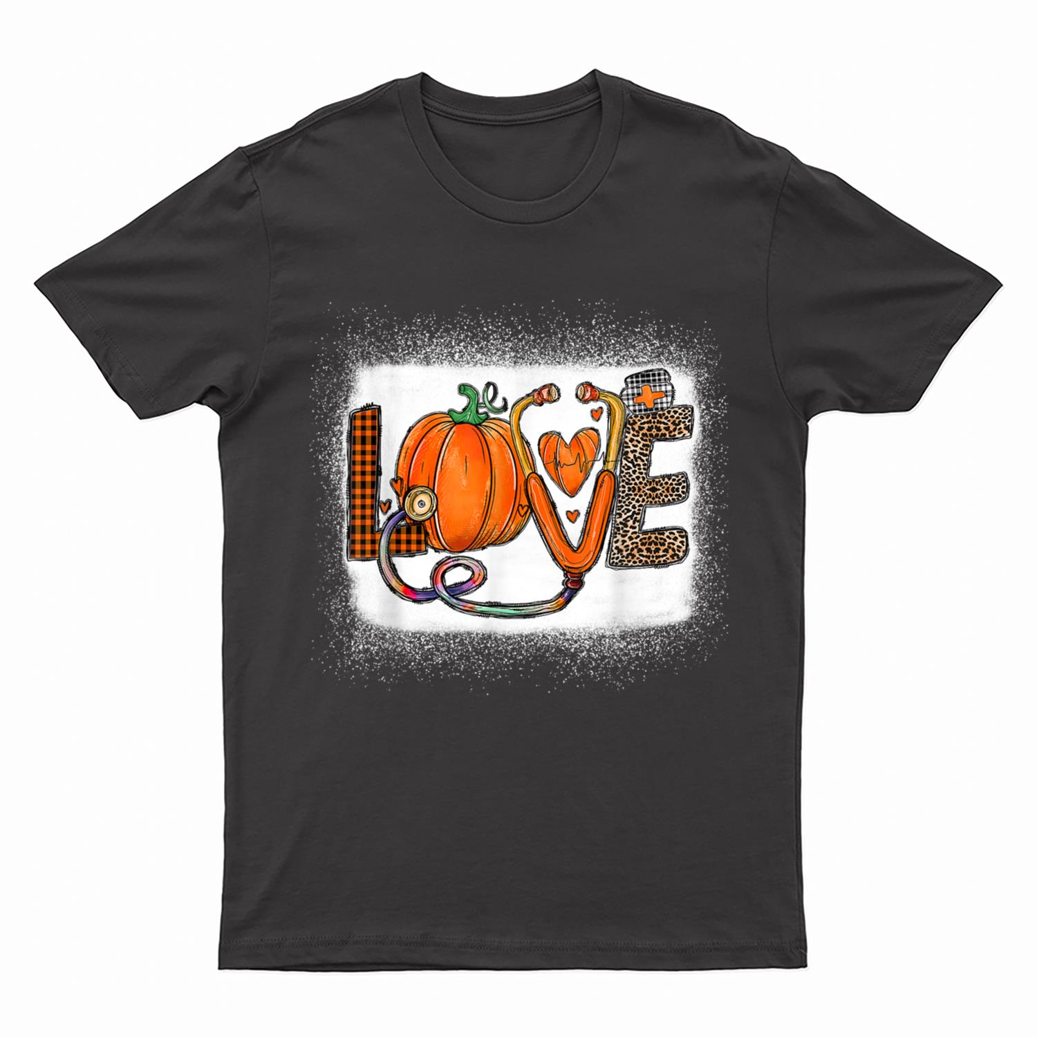 Love Stethoscope Pumpkin Thanksgiving Nurse Leopard Plaid T-Shirt