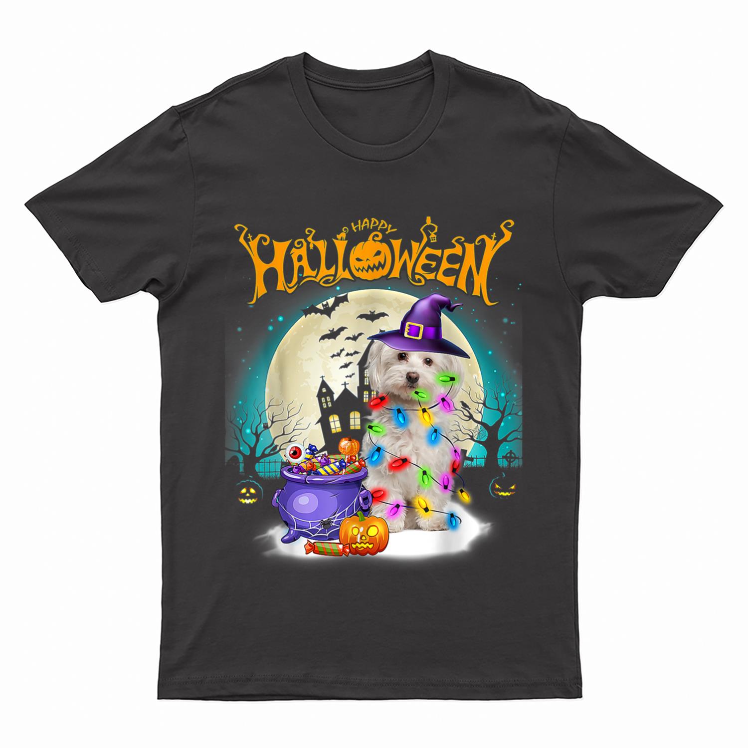 Maltese Dog And Moon Halloween Costume Dog Lover Funny T-Shirt