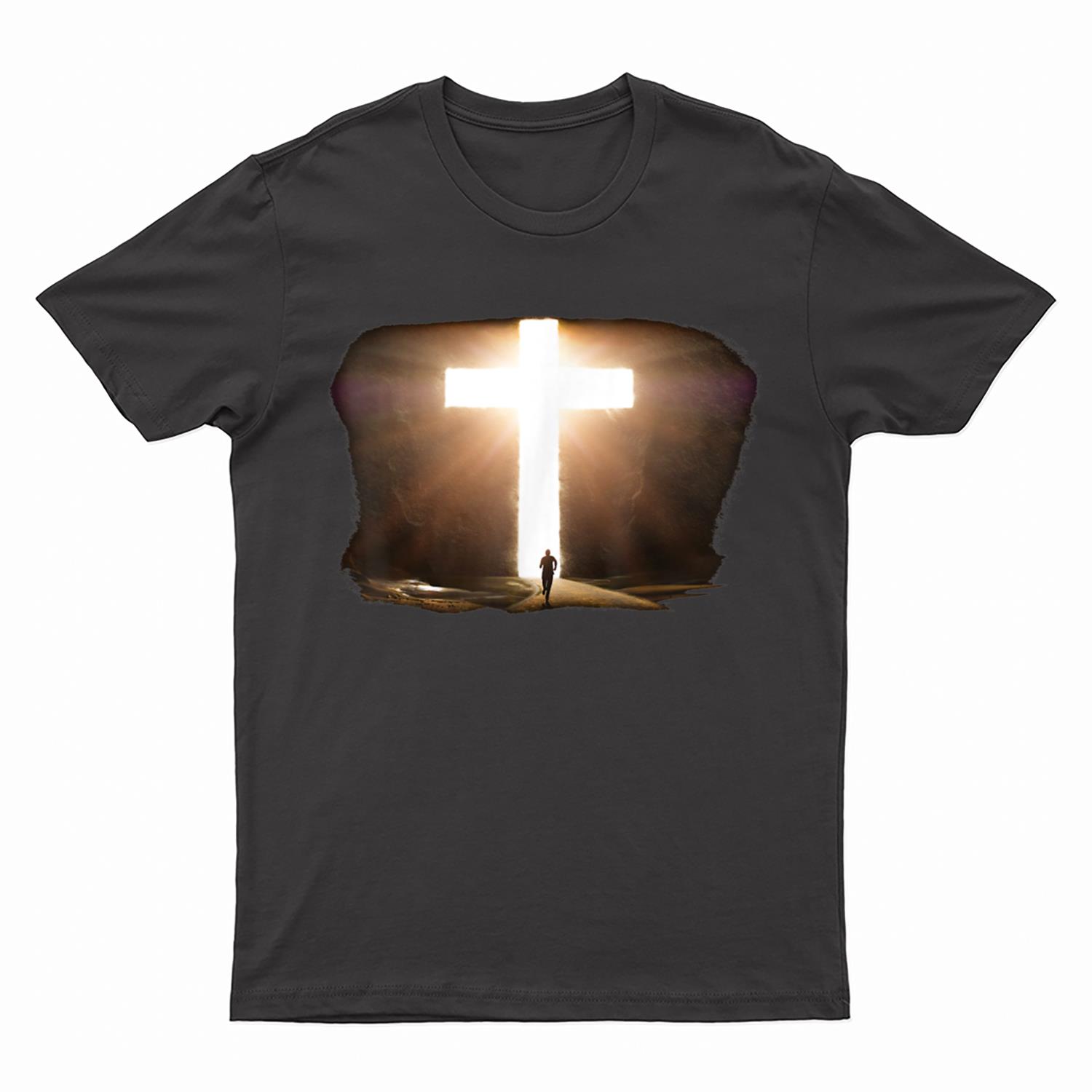 Man Running to Glowing Christian Cross of Jesus Christ T-Shirt